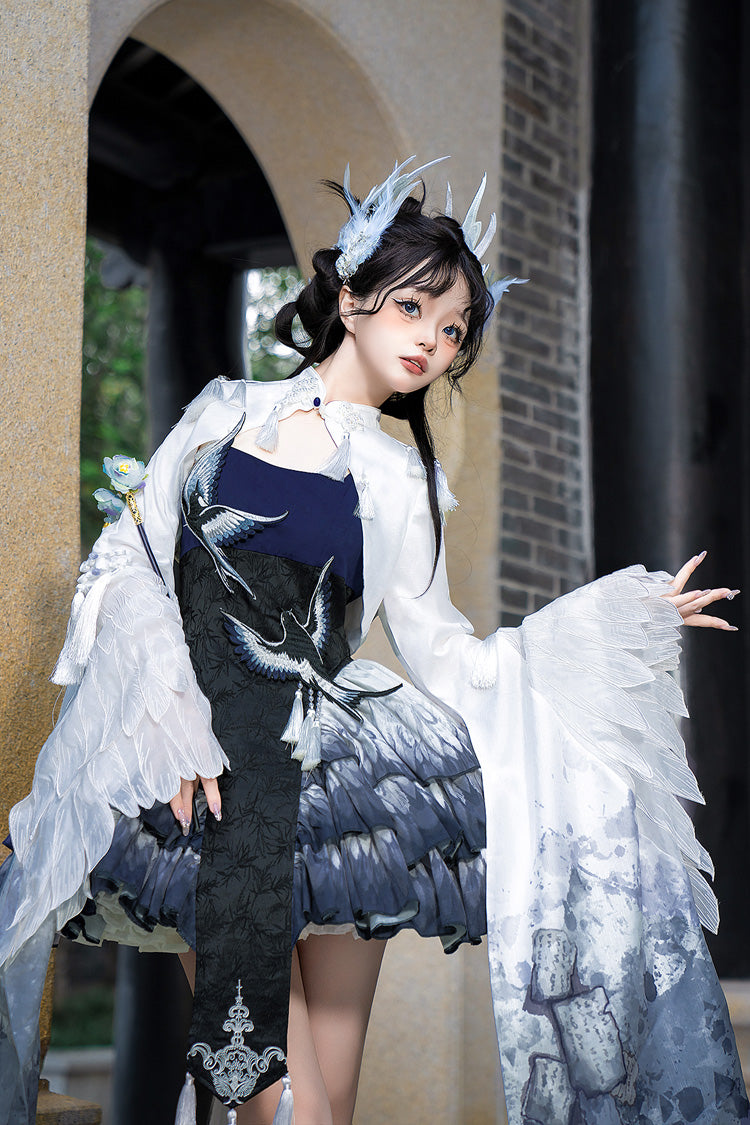 Dark Blue Feathered Finch Multi-Layered Print Ruffle Classic Chinese Style Lolita Jsk Dress Set