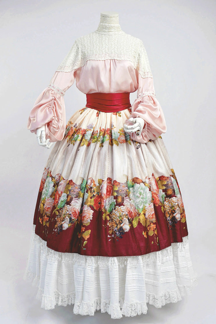 Red Rainy Season Garden Print Ruffle Sweet Classic Lolita Skirt