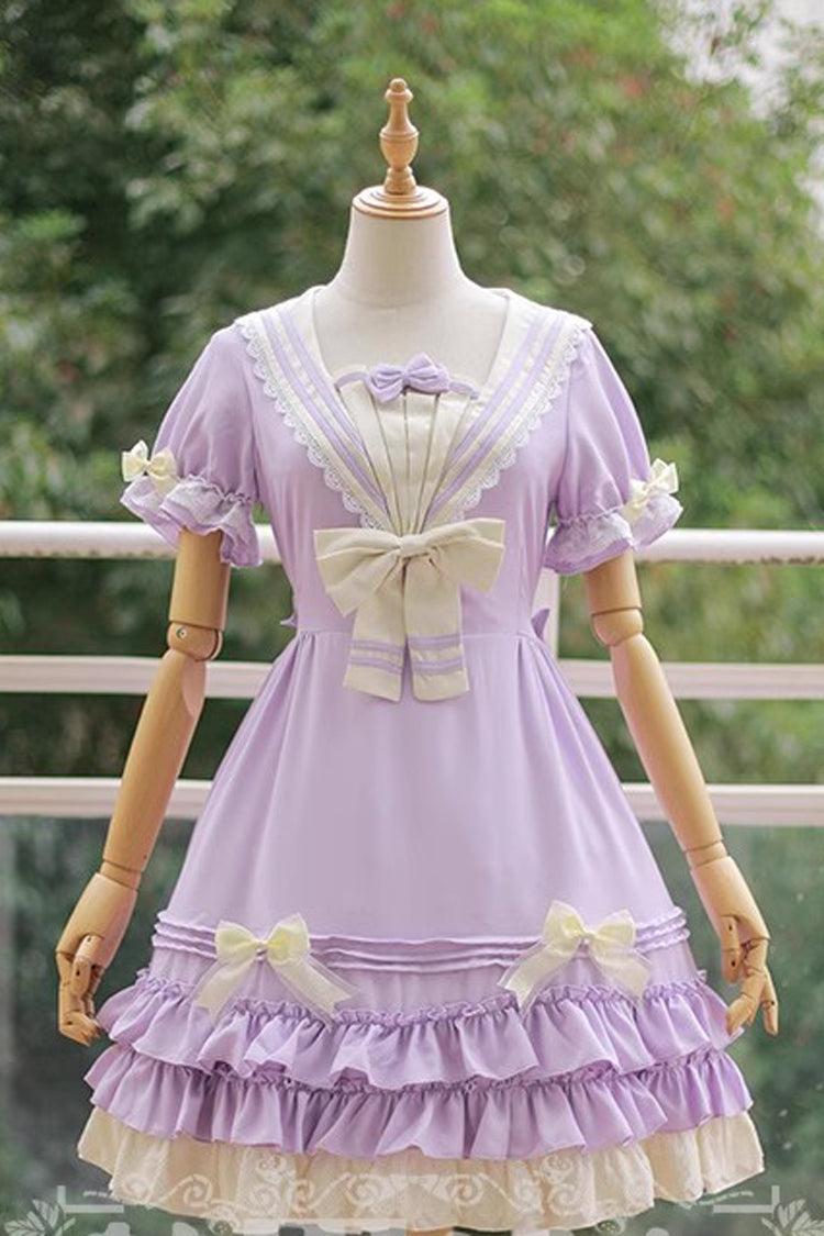 Rhine River Navy Style Short Sleeves Bowknot Sweet Lolita Dress 4 Colors
