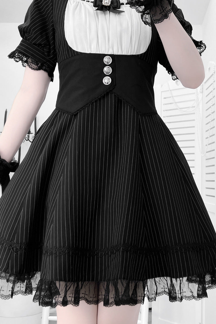 Black/White Short Sleeves Stripe Print Ruffle Bowknot Cross Waist Maid Sweet Japanese Lolita Dress Set