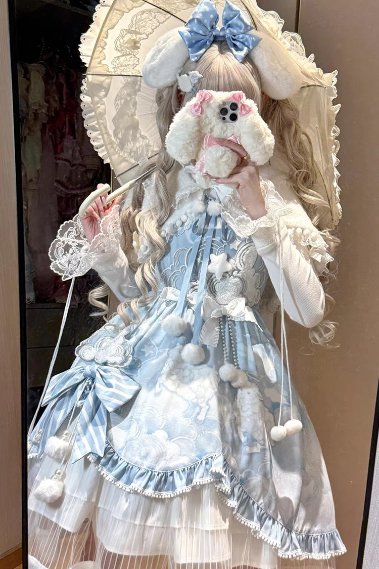 Blue Cloud Dreamland Cut-Out Embroidered Bow Lace Asymmetric Sweet Elegant Lolita Jsk Dress Set