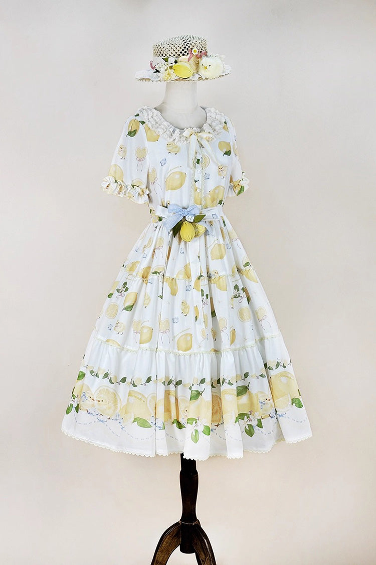 White Lemon Chicken Short Sleeves Print Ruffle Bowknot Lace Daily Sweet Lolita Dress