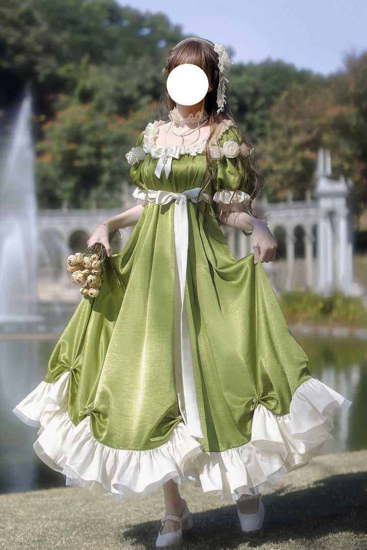 Green Square Collar Short Sleeves Ruffle Bowknot Sweet Regency-Style Vintage Lolita Dress