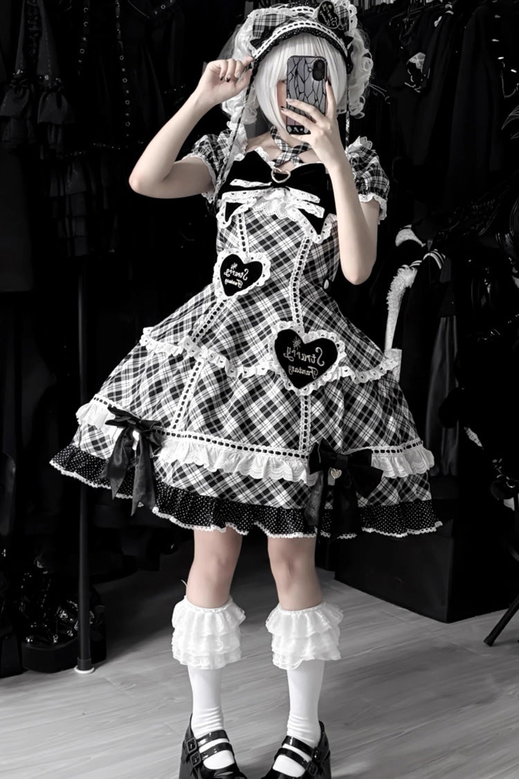 Black/White Shibuya Sweetheart Short Sleeves Plaid Print Ruffle Bowknot Sweet Lolita OP Dress (Plus Size Support)