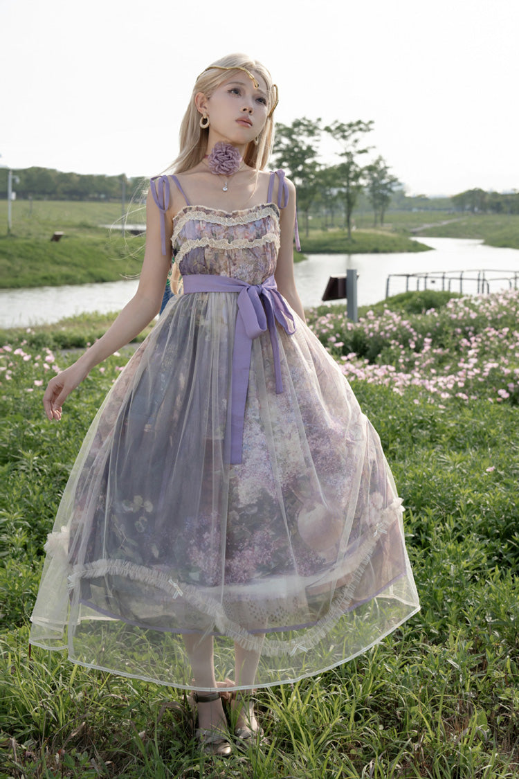 Purple Oil Painting – In the Shade of Blossoming Trees Sleeveless Print Ruffle Bowknot Lace Sweet Lolita Jsk Dress