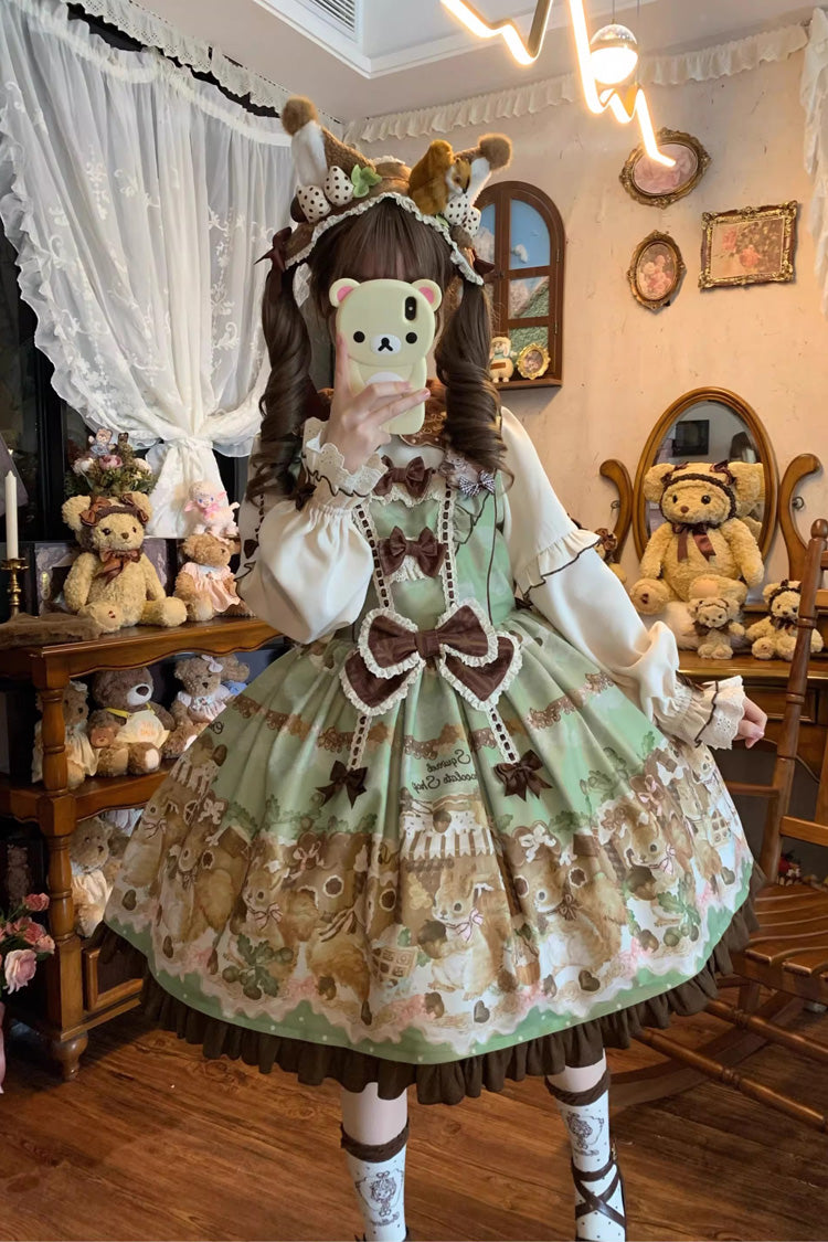Green Squirrel Chocolate Shop Doll Collar Long Sleeves Printed Ruffled Bow Sweet Lolita Dress