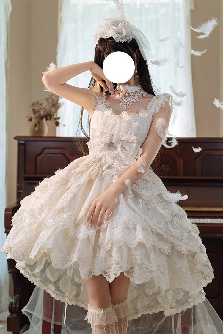 White Peacock Feather Multi-Layered Ruffle Hanayome Cardigan Bowknot Lace Sweet Lolita Jsk Dress Set