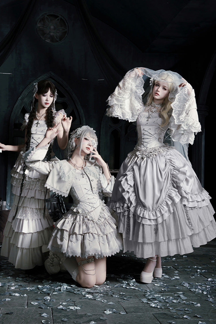 Solid Color Bionic Doll Square Collar Multi-Layered Ruffle Bowknot Lace-Up Gothic Lolita Short Skirt Corset Set