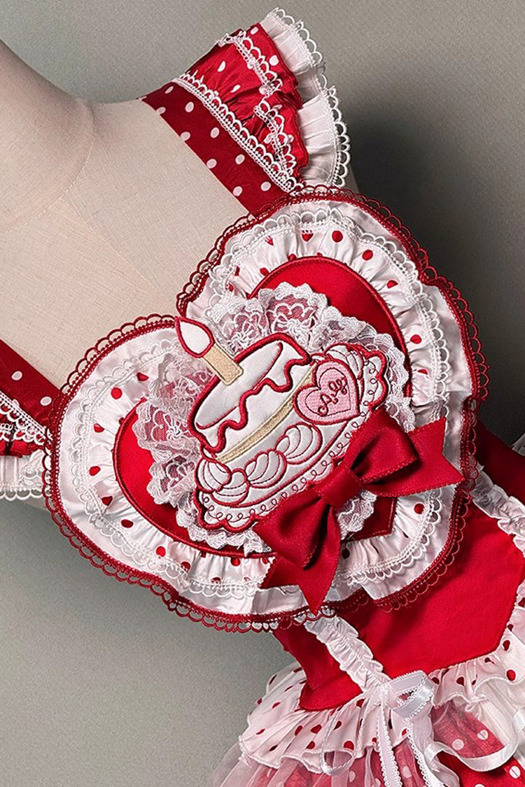 Red/White Twin Bears Birthday Cake Sleeveless Print Ruffle Bowknot Lace Sweet Lolita Big Flower Bud Dress