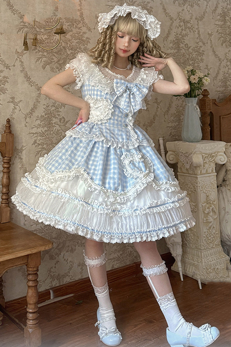 Blue Tea Break Sweetheart Short Sleeves Multi-Layered Plaid Print Ruffle Sweet Lolita Dress