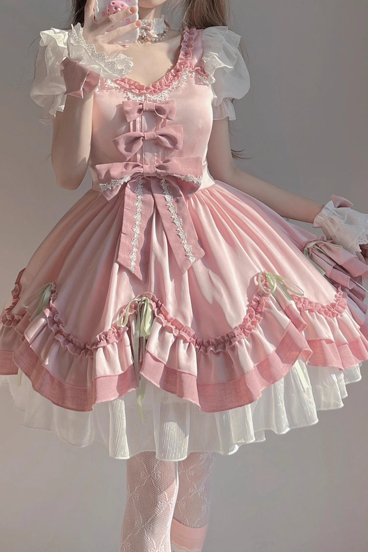 White/Pink Short Sleeves Ruffle Bowknot Princess Sweet Lolita OP Dress