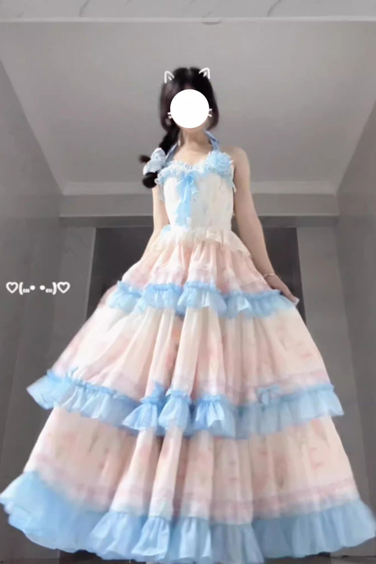 Blue/Pink Meet the Sea Triple-Layered Print Backless Ruffle Sweet Lolita Dress