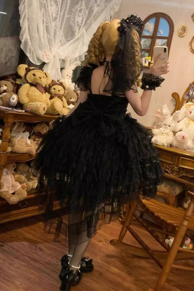 Black Ballad of Feathers Sleeveless Multi-Layered Ruffle Hanayome Bowknot Gothic Lolita Jsk Dress