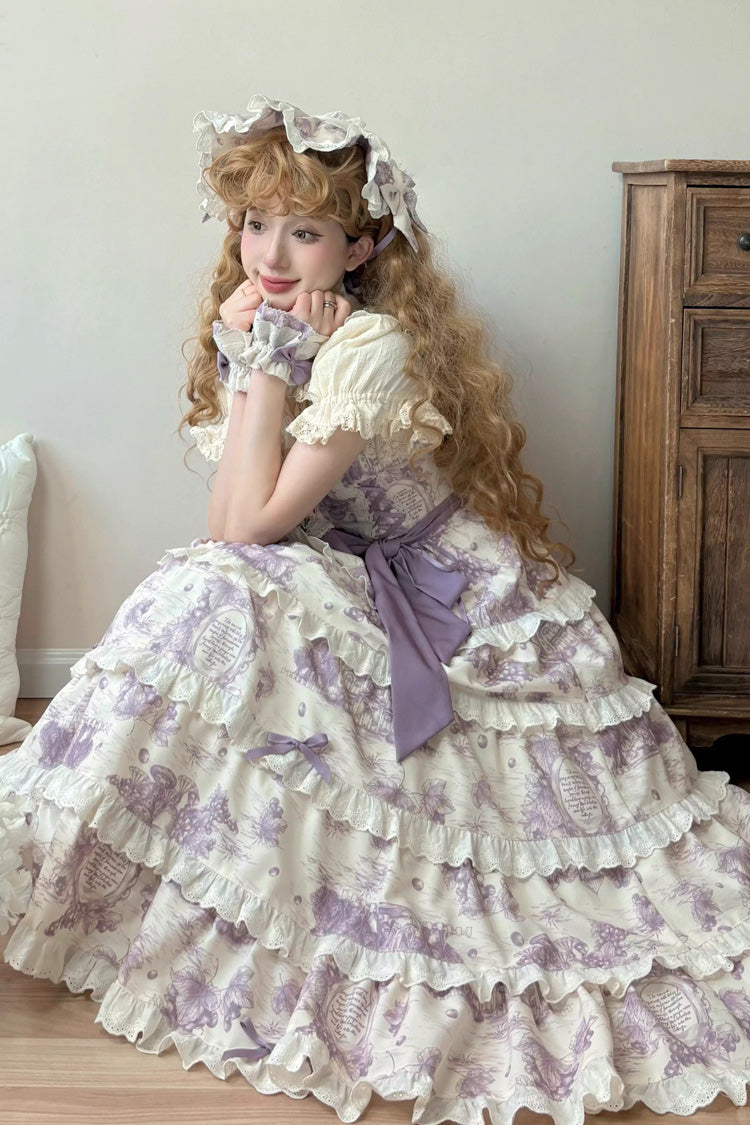 Purple Grape Moon Almanac Sleeveless Multi-Layered Printed Ruffled Bow Adjustable-Length Sweet Lolita Jsk Dress