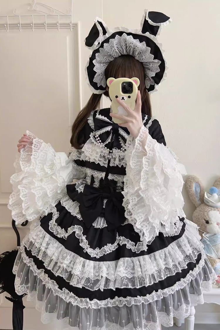 Black Love and Heart Flutter Sleeveless Multi-Layered Ruffle Bowknot Lace Pearl Sweet Lolita Jsk Dress