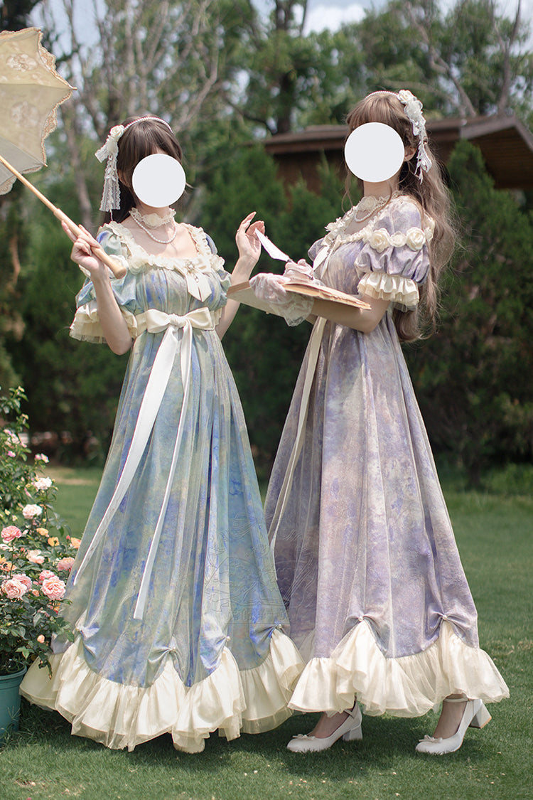Purple Oil Painting Sun and Moon Poem Short Sleeves Print Ruffle Bowknot Sweet Princess Lolita Dress