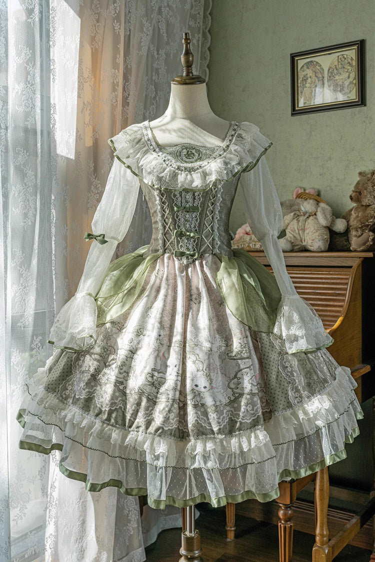 Green Teacup Rabbit Little Fresh Print Ruffle Bowknot Lace Lace-Up Sweet Lolita OP Dress