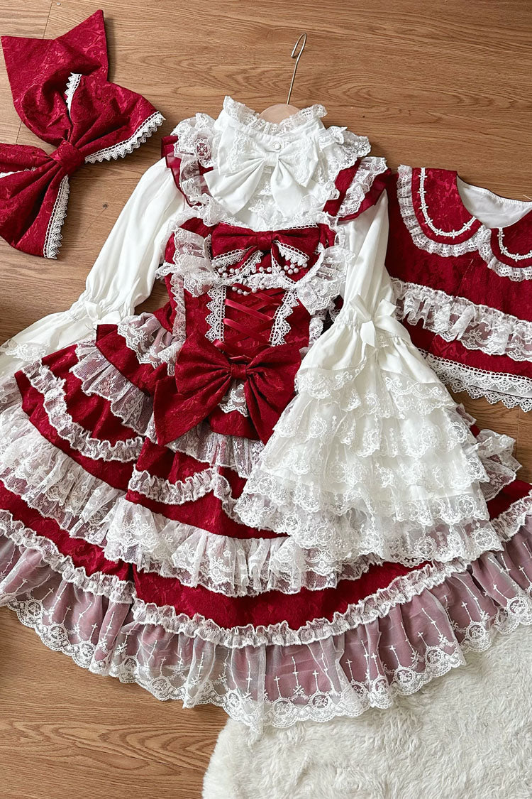 Wine Red Love and Heart Flutter Sleeveless Multi-Layered Ruffle Bowknot Lace Pearl Sweet Lolita Jsk Dress