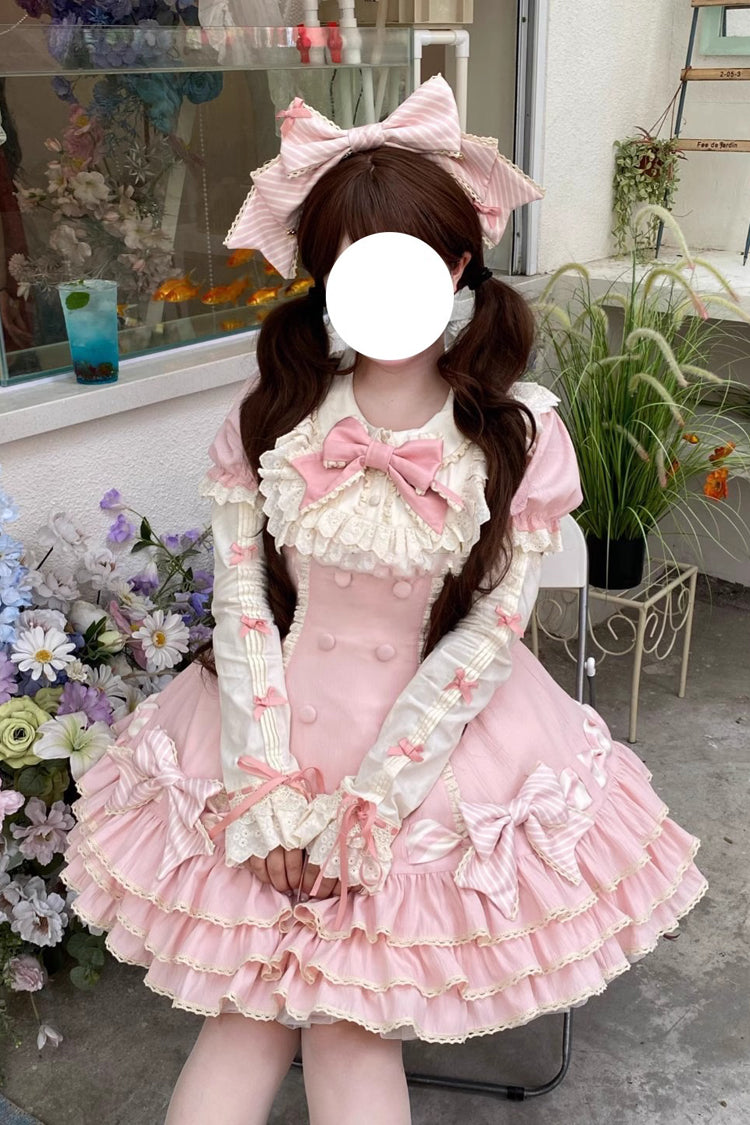 Pink Striped Layered Short Sleeves Multi-Layered Ruffle Bowknot Sweet Princess Lolita Tiered Dress