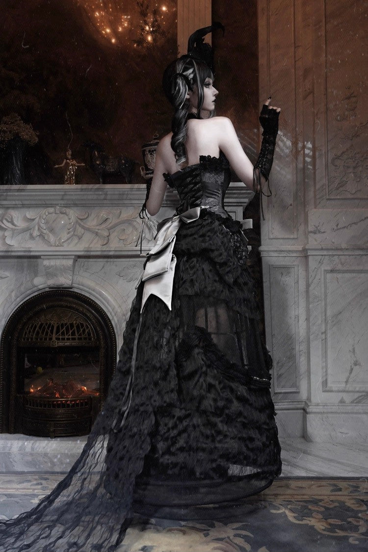 Black Cupid's Magic Box Basel French Ruffle Embroidery Bowknot Lace Gothic Elegant Lolita Long Skirt