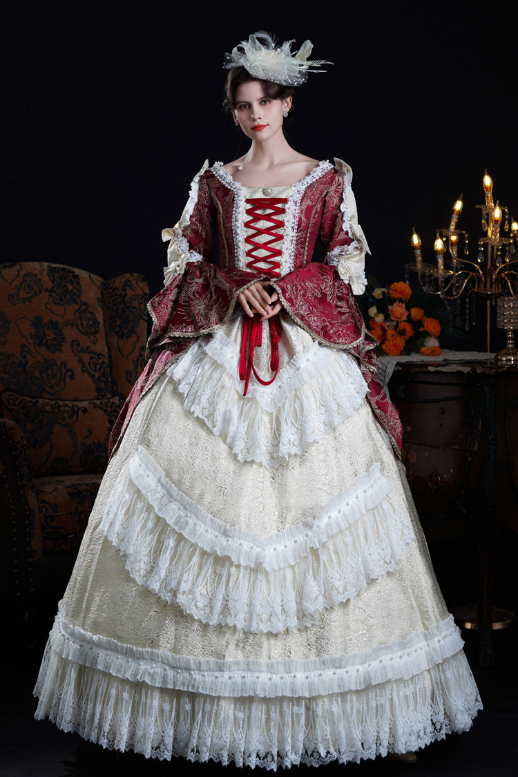 Wine/Ivory Long Hime Sleeves Lace-Up Classic Vintage Palace Lolita Victorian Dress