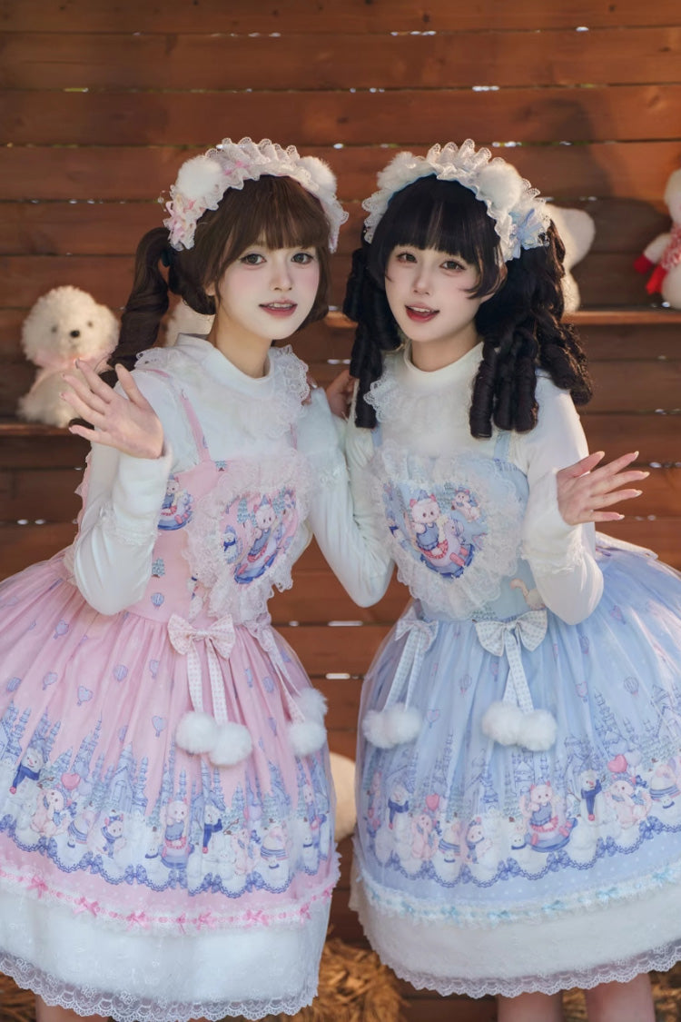 Pink Snowball Wonderland Print Merry Christmas Ruffle Bowknot Lace Sweet Lolita Jsk Dress