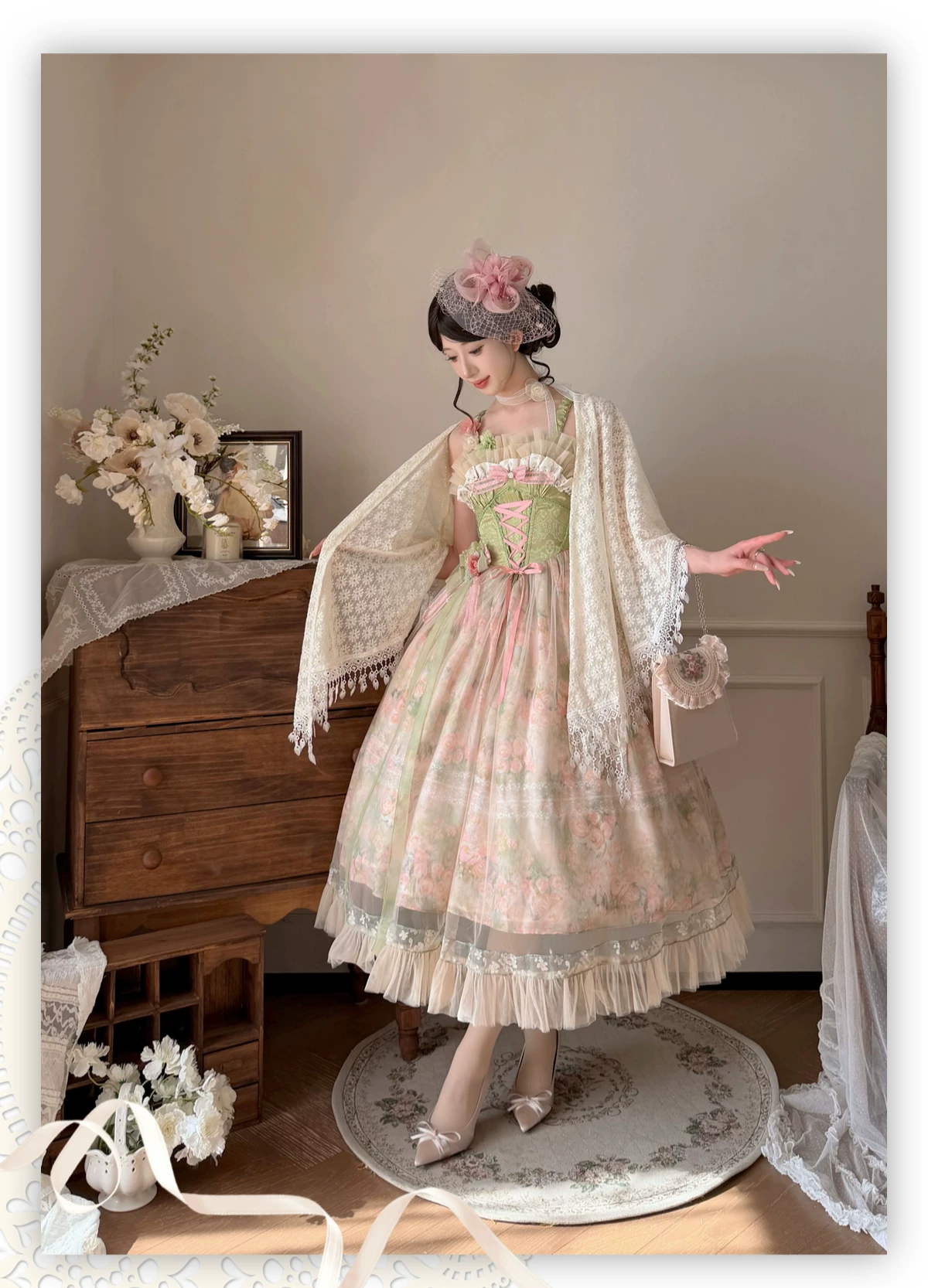 Green Floral Sleeveless Corset Ruffled Mesh Sweet Princess Vintage Lolita Jsk Dress