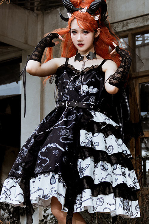 Black/White Vampire Diaries Cross Print Contrast Stitching Multi-Layer Ruffled Gothic Lolita Jsk Dress