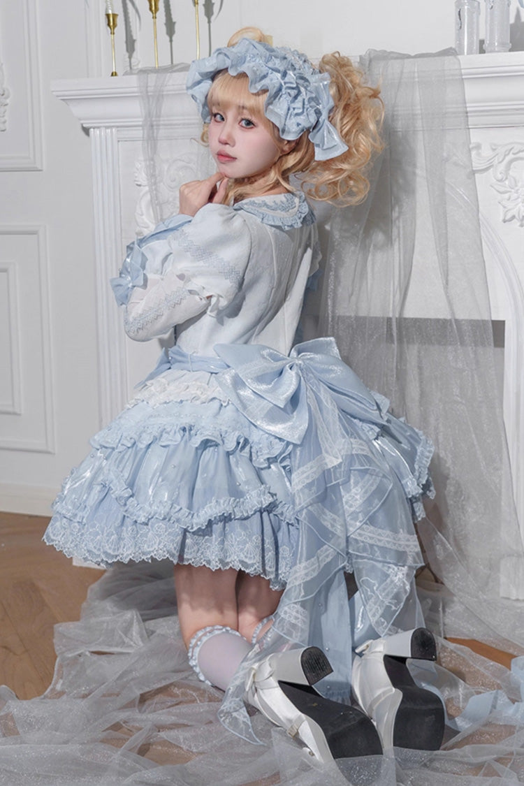 Blue Whale Lapel Collar Short Sleeves Triple-Layered Ruffle Embroidery Sweet Lolita Dress