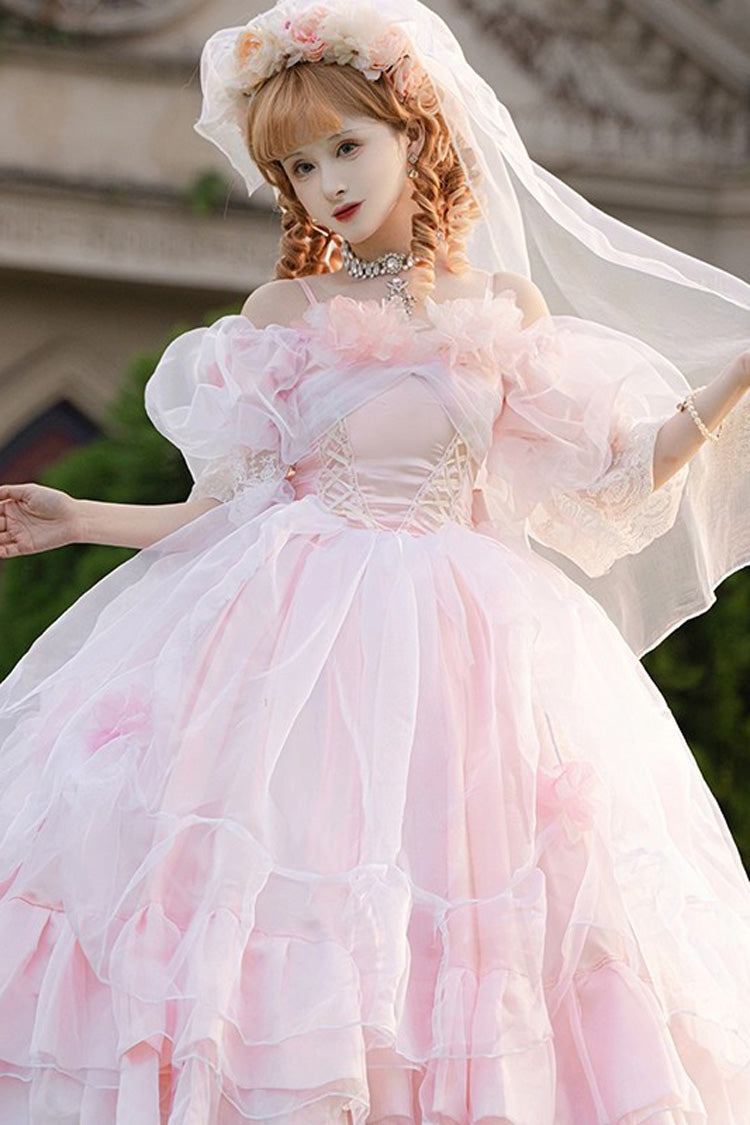 Pink Off Shoulder Short Sleeves Multi-Layered Ruffle Hanayome Bowknot Lace Sweet Plus Size Lolita Dress
