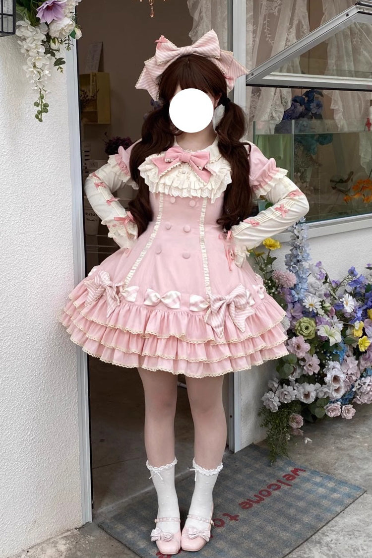 Pink Striped Layered Short Sleeves Multi-Layered Ruffle Bowknot Sweet Princess Lolita Tiered Dress