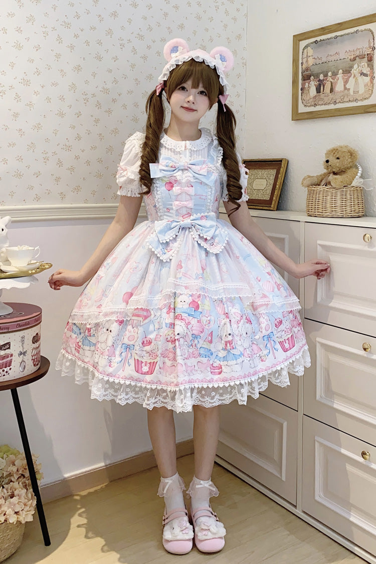 Blue Cute Rabbit Sweet Cake Print Ruffle Bowknot Lace Sweet Lolita Jsk Dress