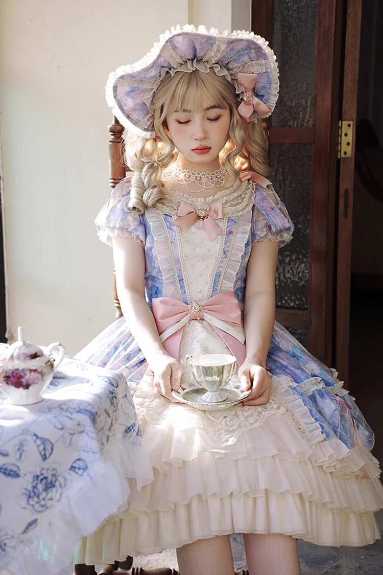 Angel Heart Sky Oil Painting Print Ruffle Cardigan Bowknot Sweet Princess Lolita Dress 3 Colors
