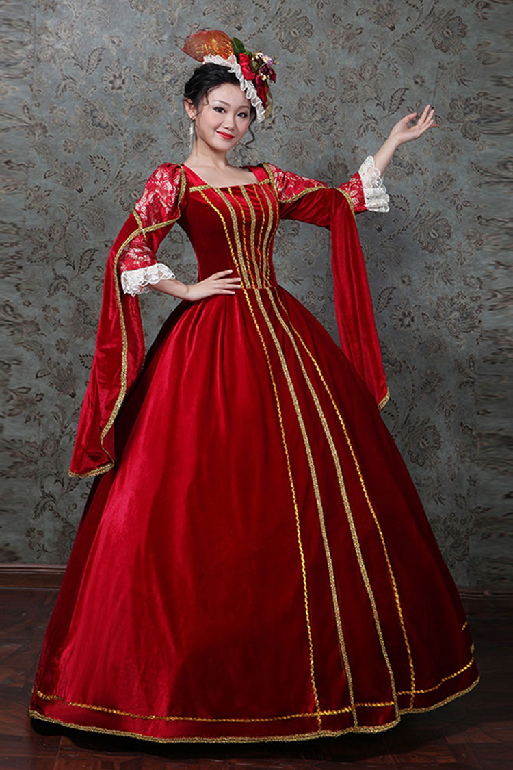 Red Hollow Embroidery Floral Print Half Sleeves High Waisted Victorian Lolita Prom Dress
