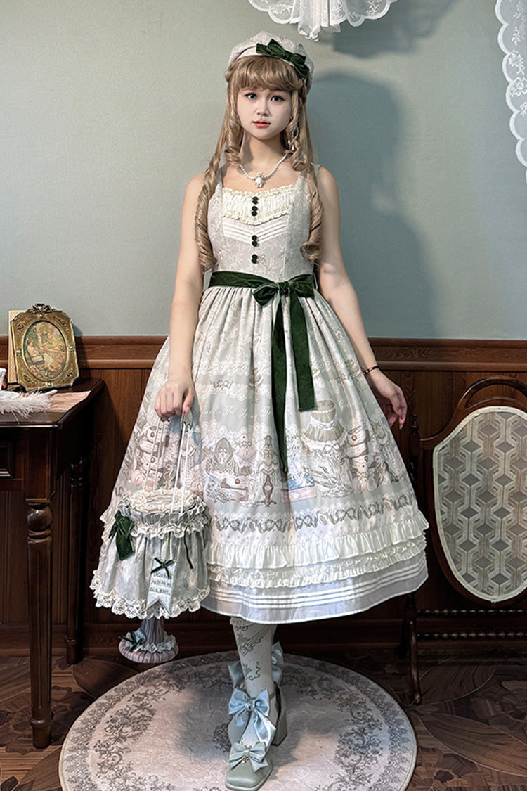 Iris Study V Collar Sleeveless Print Bowknot Lace Sweet Lolita Jumper Dress 2 Colors