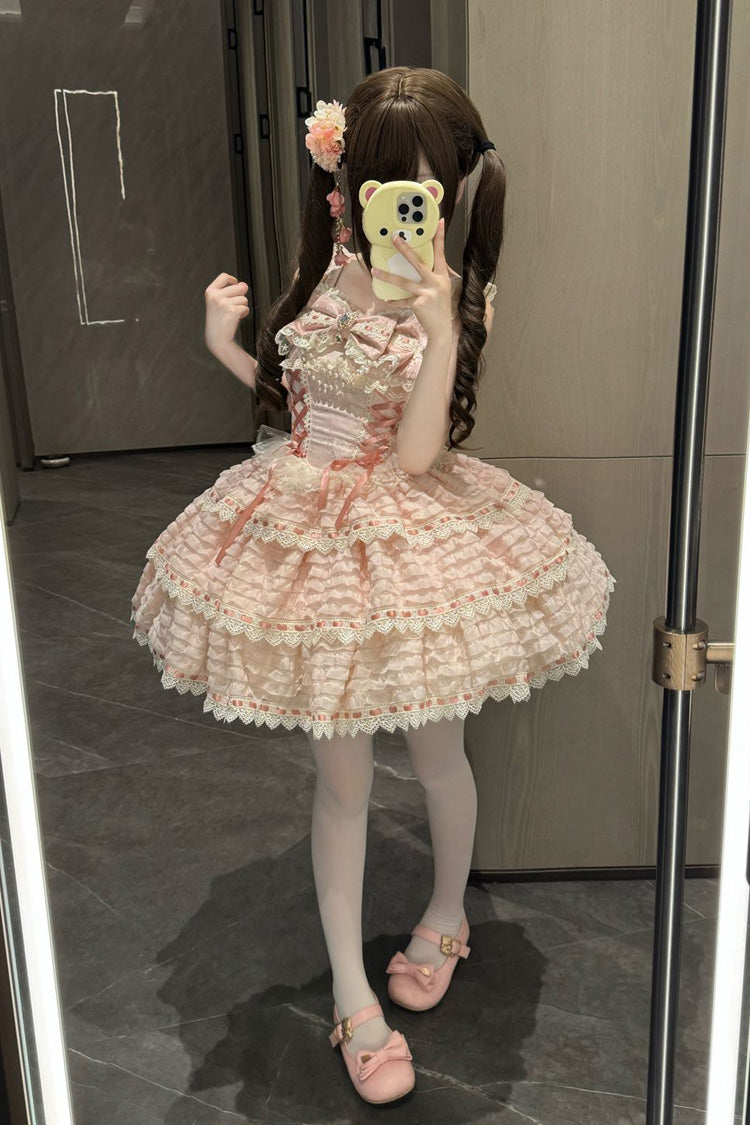 Pink Song of Floral Letters Sleeveless Triple-Layered Bowknot Lace-Up Sweet Lolita Jsk Dress