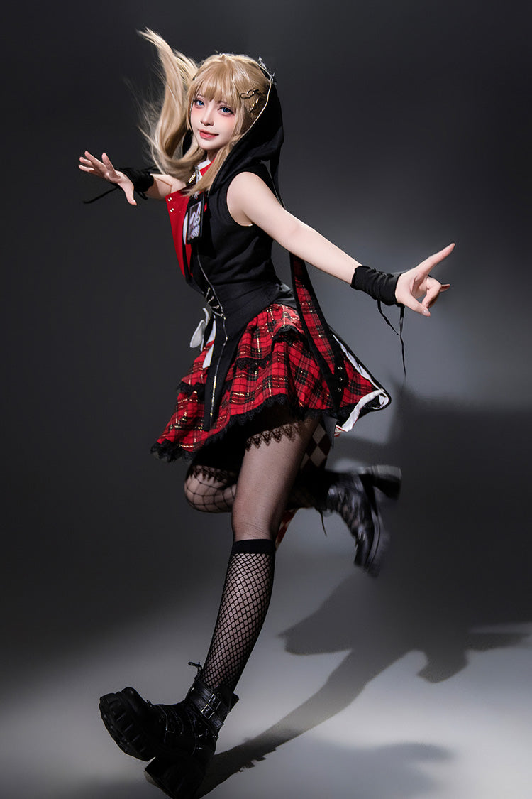 Black/Red Rock Bunny Sleeveless Double-Layered Embroidery Hooded Punk Lolita Skirt Set