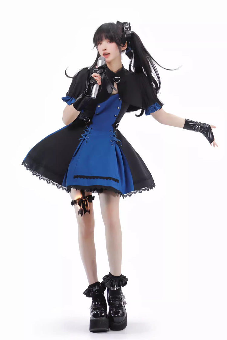 Black/Blue Night Liana Ruffle Bowknot Lace-Up Sweet Japanese Lolita Jumper Dress Set