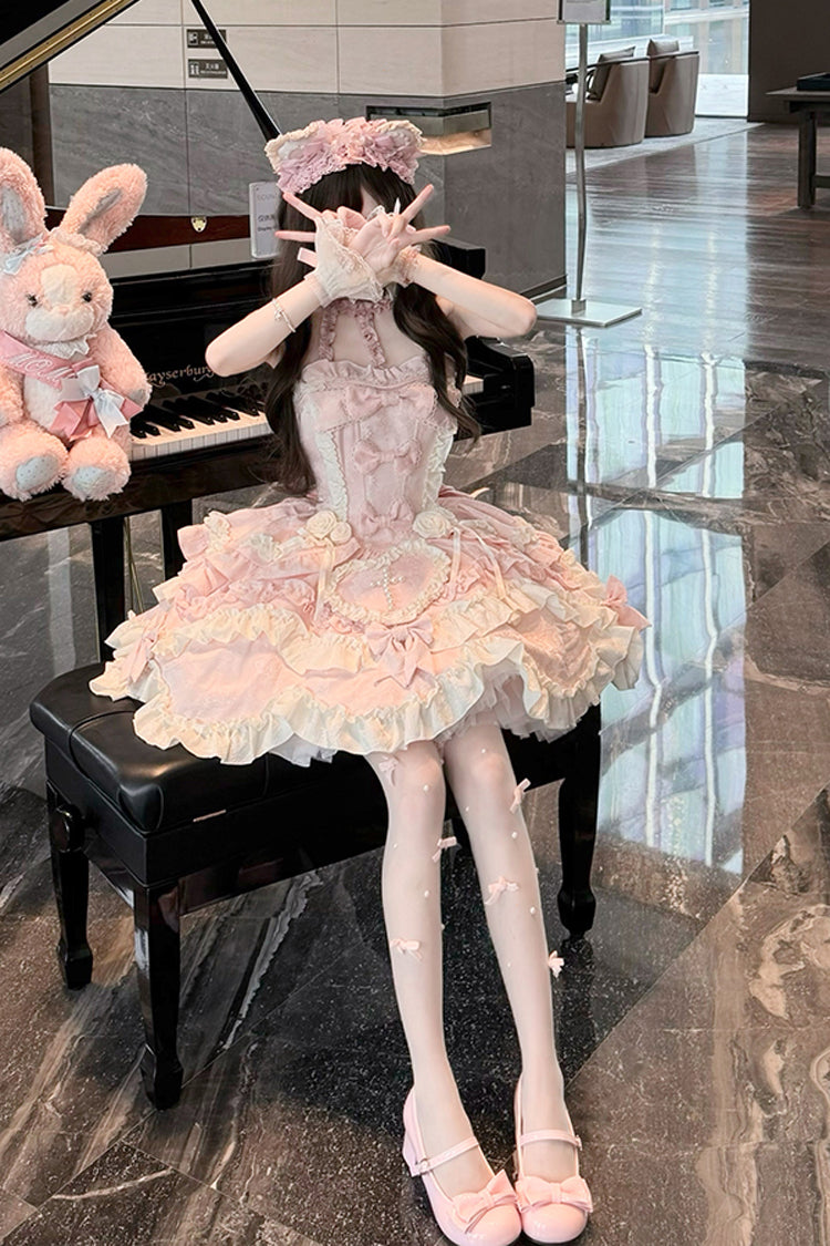 Pink Heart of Butterfly Halterneck Sleeveless Multi-Layered Ruffle Embroidery Princess Ballet Lolita Jsk Dress Set