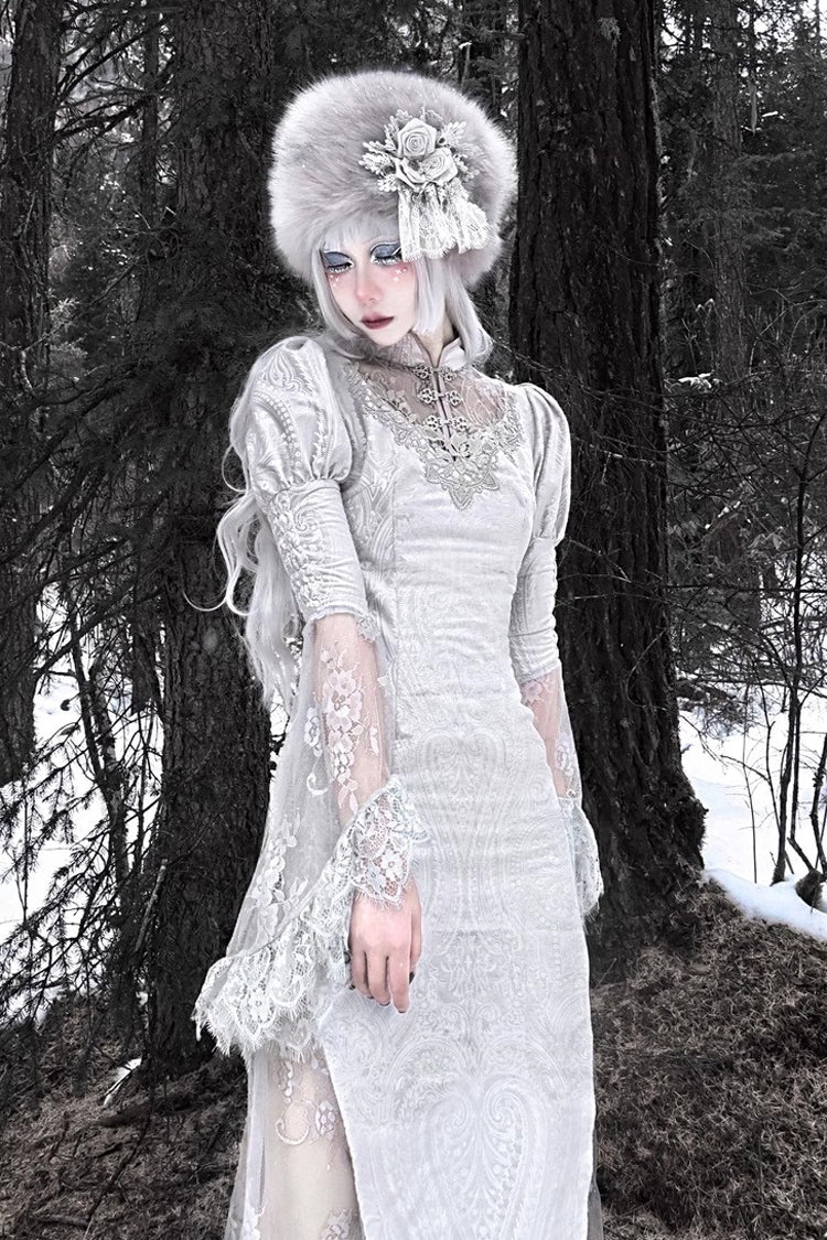 Silver The Call of the Snow Country V Collar Long Sleeves High Waisted Ruffle Lace Gothic Lolita Fishtail Dress