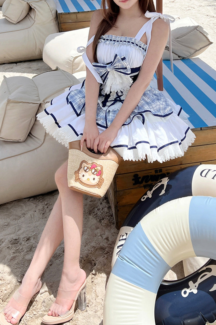 Blue/White Sailing Love Navy Collar Sleeveless Plaid Print Ruffle Bowknot Sweet Lolita Dress