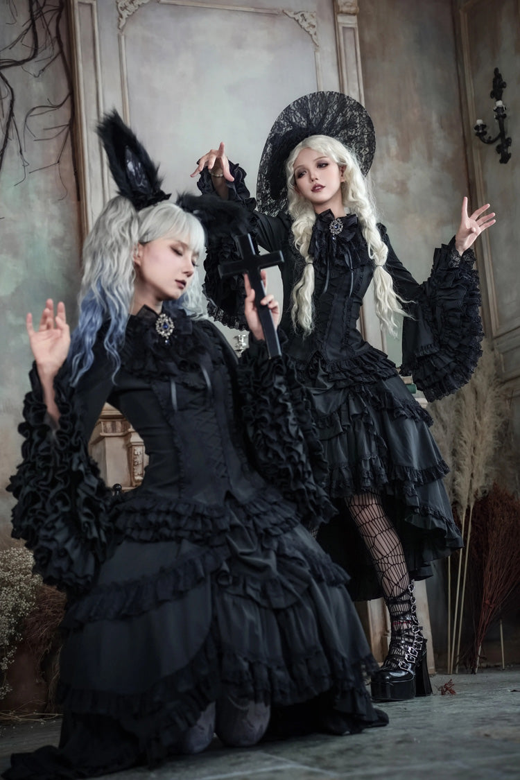 Black Immortal Phoenix Long Hime Sleeves Multi-Layered Ruffled Bow Lace-Up Gothic Lolita Skirt Dress Set