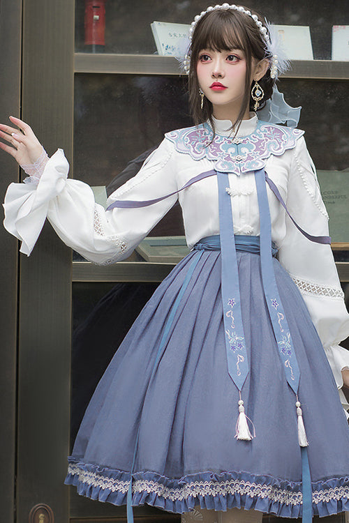 White/Blue Chinese Style Hollow Long Sleeve Classic Lolita Dress Full Set