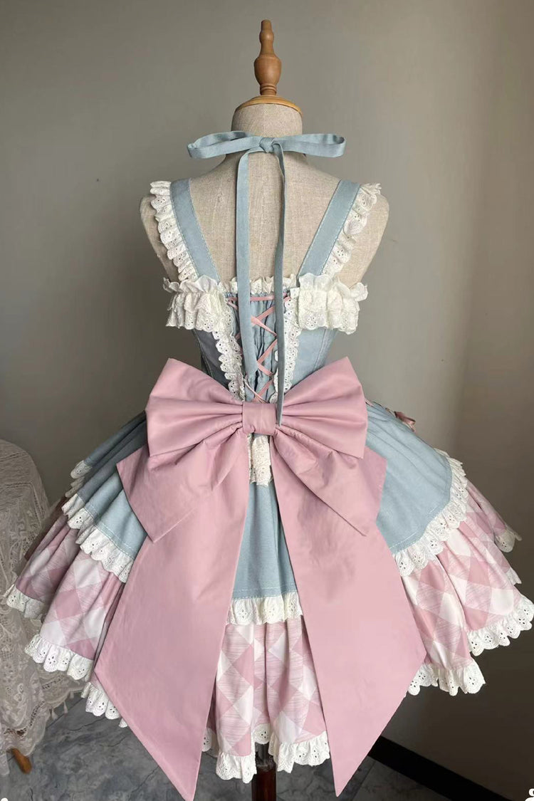 Blue/Pink Sweetheart Cowboy Plaid Print Ruffle Bowknot Sweet Lolita Skirt Set