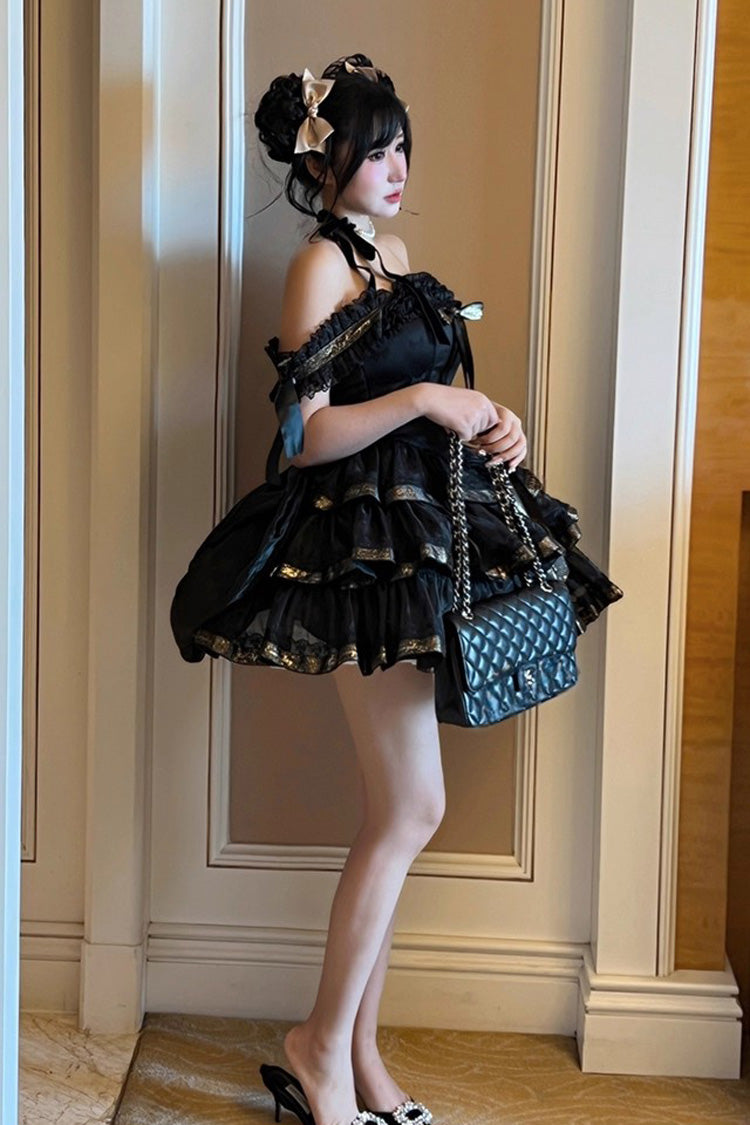 Black Princess Ribbon Off Shoulder Triple-Layered Ruffle Bowknot Sweet Lolita Dress