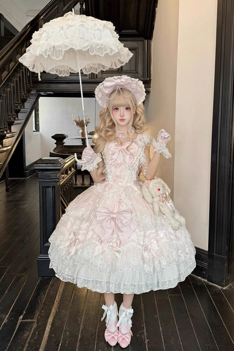 Pink Sakura Dream Romance Sleeveless Multi-Layered Ruffled Hanayome Bow Lace Sweet Princess Lolita Jsk Dress