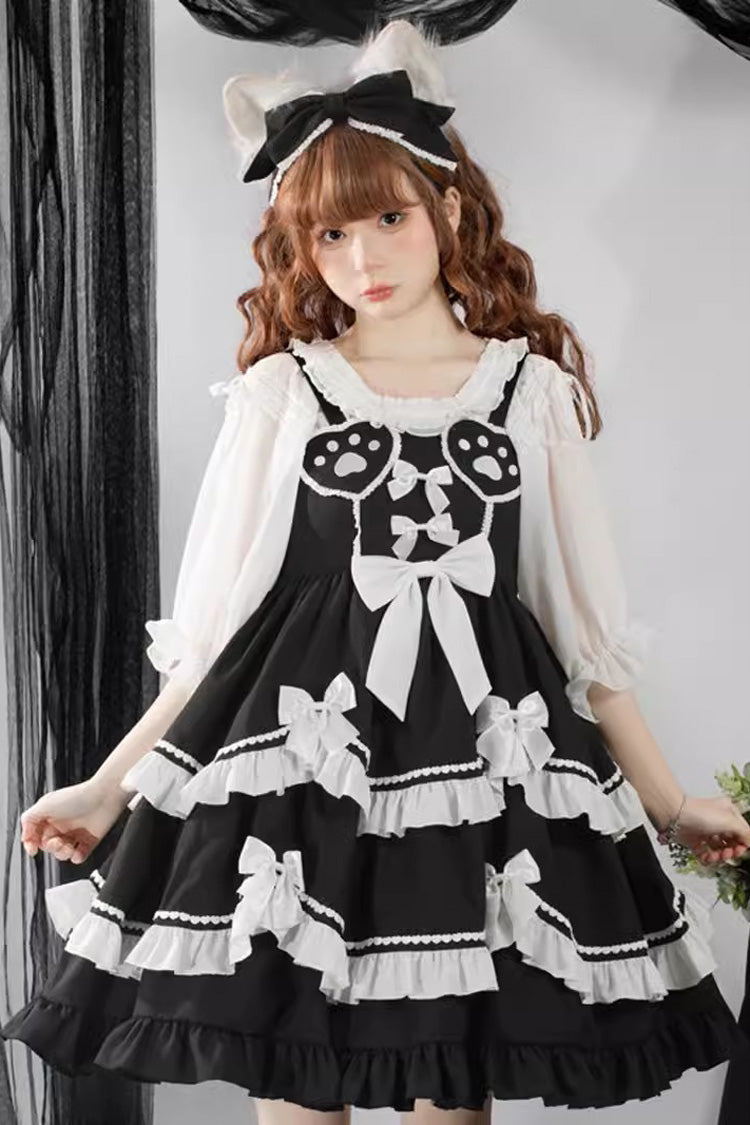Black/White Bear Paw Print Ruffle Bowknot Sweet Princess Lolita Jsk Dress