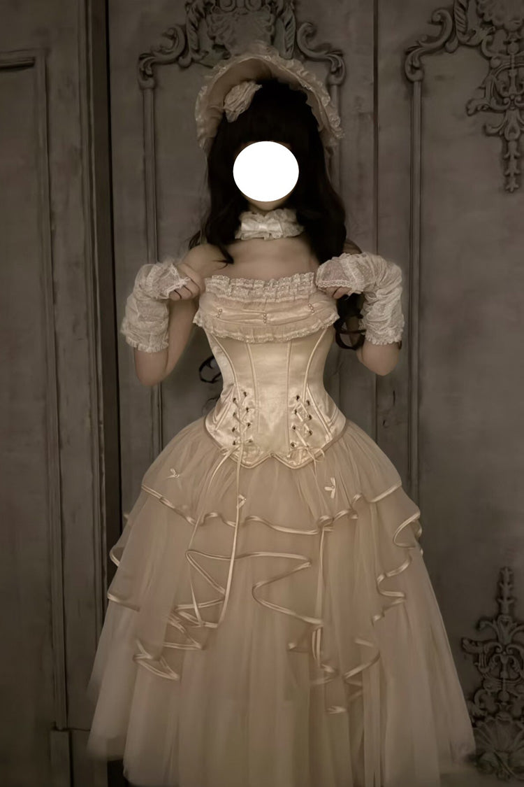 Ivory The Summer Waves Sparkle Square Collar Sleeveless Multi-Layered Ruffled Bow Lace-Up Slim Sweet Lolita Skirt Set