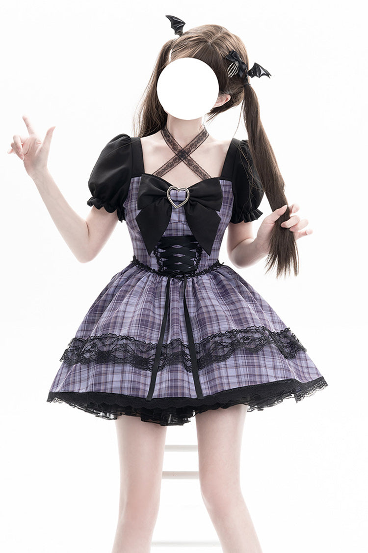 Purple Witch Time Short Puff Sleeves Plaid Print Bowknot Lace Sweet Lolita Dress