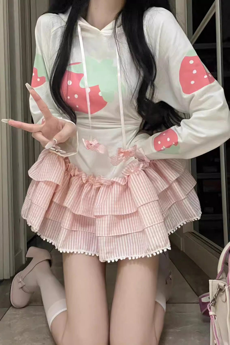 White/Pink Long Sleeves Triple-Layered Strawberry Print Hooded Sweet Lolita Dress
